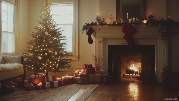 A vintage inspired Christmas scene featuring a cozy living room with a decorated tree, flickering candles, and a warm fireplace, all adorned with classic holiday decorations (5).