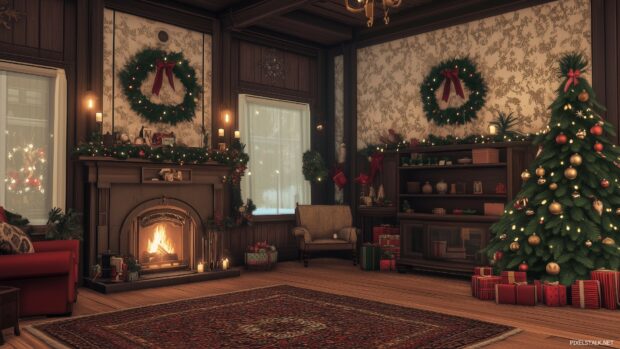 A vintage inspired Christmas scene featuring a cozy living room with a decorated tree, flickering candles, and a warm fireplace, all adorned with classic holiday decorations.