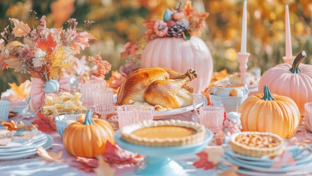 A whimsical Thanksgiving feast with a turkey, pies, and autumn leaves, all surrounded by pastel pumpkins and cute decorations.