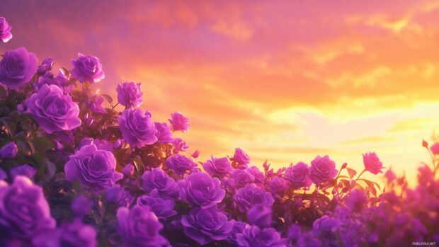 A whimsical landscape featuring a field of purple roses under a vibrant sunset, with the sky painted in shades of pink and orange.