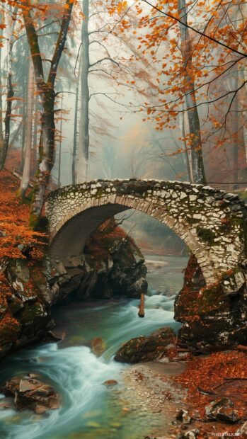 A bridge over a stream with colorful fall trees.