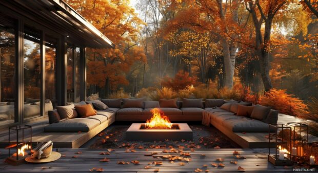 A cozy outdoor seating area with a fire pit in fall.