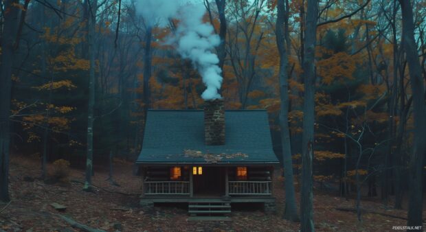 A forest cabin with smoke rising from the chimney in fall.
