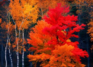 A tranquil lake reflecting colorful fall foliage.