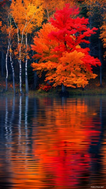 A tranquil lake reflecting colorful fall foliage.