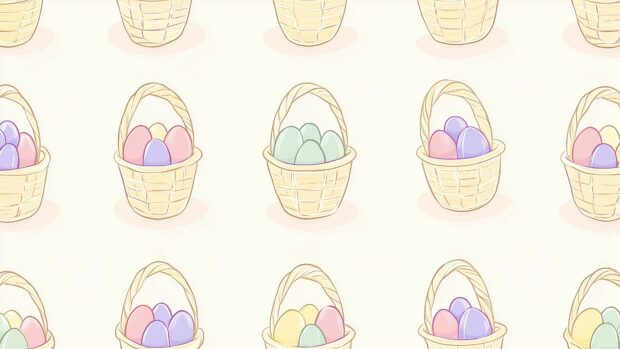 Aesthetic 4K Wallpaper of Easter baskets filled with pastel colored eggs, with soft outlines and smooth curves in a vector tile design.