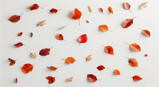 Aesthetic Autumn wallpaper with sparse arrangement of autumn leaves on a plain background.