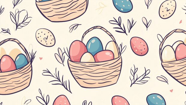 Aesthetic Desktop Wallpaper of Easter baskets filled with pastel colored eggs, with soft outlines and smooth curves in a vector tile design.