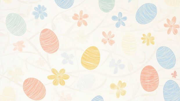 Aesthetic Easter 4K Wallpaper with pastel colored eggs and flowers in a repeating tile design, soft lines, and clean vector art style.