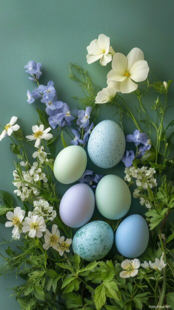 Aesthetic Easter Wallpaper with an assortment of decorated eggs, fresh spring blooms, and green foliage, soft and inviting tones.