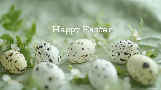 Aesthetic Easter Wallpaper with the words Happy Easter written in bold, cheerful letters, with a scattering of Easter eggs and springtime foliage surrounding the text.