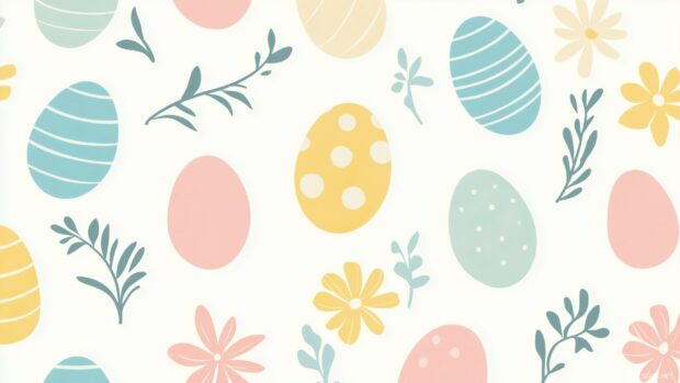 Aesthetic Easter wallpaper with pastel colored eggs and flowers in a repeating tile design, soft lines, and clean vector art style.