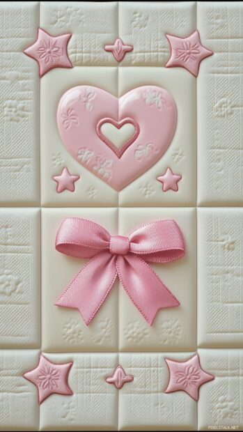 Aesthetic Valentine Wallpaper with delicate pink ribbons, hearts, and stars on a cream background.