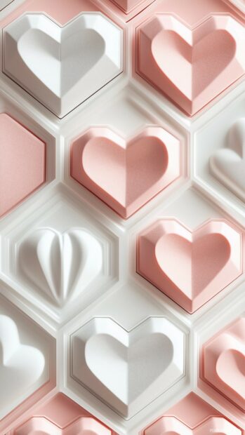 Aesthetic Valentine wallpaper with soft pastel pink and white heart shapes.