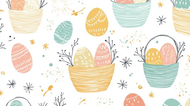 Aesthetic Wallpaper 4K of Easter baskets filled with pastel colored eggs, with soft outlines and smooth curves in a vector tile design.