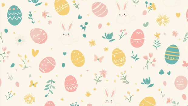 Aesthetic Wallpaper of Easter themed icons, including eggs, bunnies, and flowers, in a geometric grid with gentle vector lines.