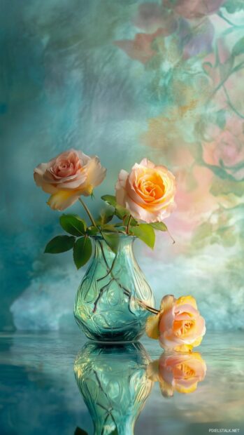 Aesthetic pastel colored roses in a vintage glass vase, set against a blurred, elegant backdrop.