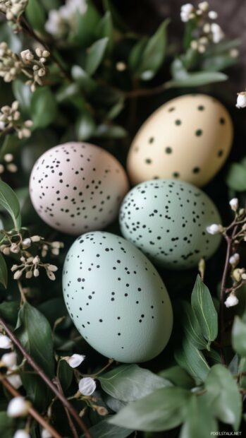 An Aesthetic Easter scene with an assortment of decorated eggs, fresh spring blooms, and green foliage, soft and inviting tones.