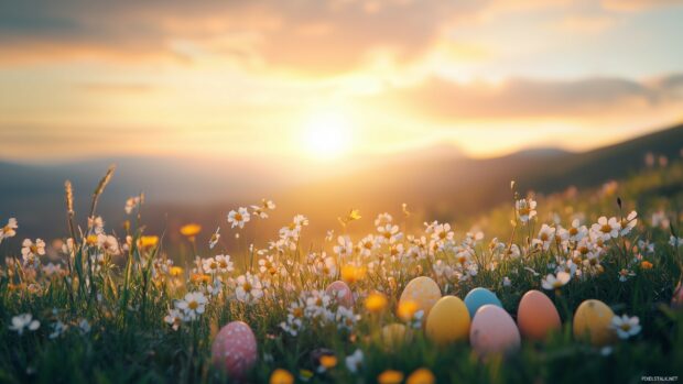 An Easter sunrise over a field with colorful eggs and wildflowers, Aesthetic Easter Wallpaper.