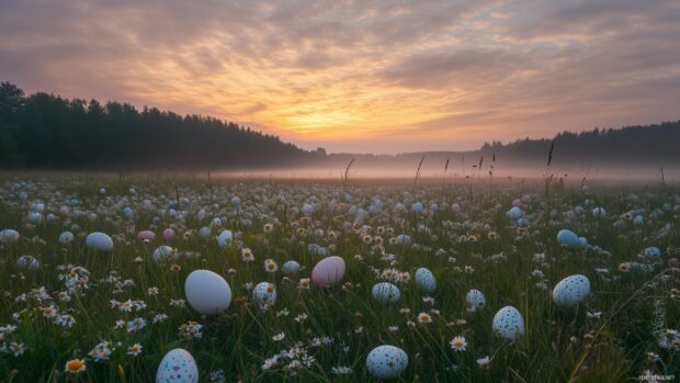 An Easter sunrise over a field with colorful eggs and wildflowers, soft golden light enhancing the scene.
