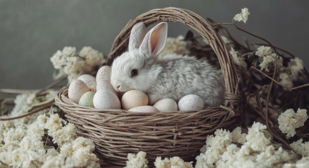 An adorable bunny in a basket full of Easter eggs and spring flowers, Aesthetic Easter Wallpaper HD.