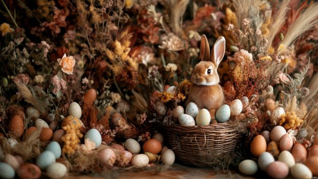 An adorable bunny in a basket full of Easter eggs and spring flowers, with a warm and inviting color palette.