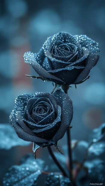 An artistic shot of black roses with dew droplets glistening on their petals.