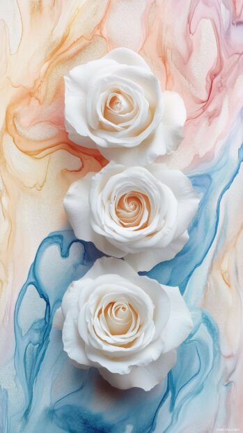 An artistic shot of white roses against a colorful watercolor background.
