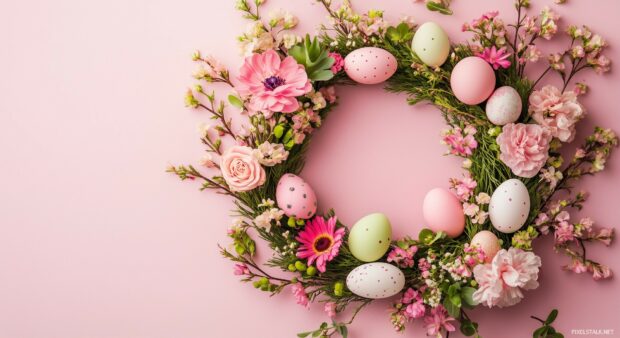 An elegant Easter wreath made of flowers, eggs, and green vines on a pastel background, minimalistic design.