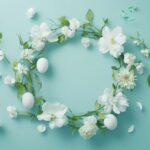 An elegant Easter wreath made of flowers, eggs, and green vines on a pastel background, minimalistic design