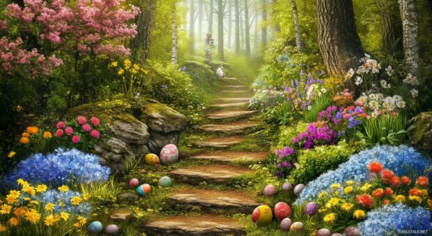 An enchanting Easter forest with hidden eggs, bunnies peeking out, and colorful flowers, magical lighting.