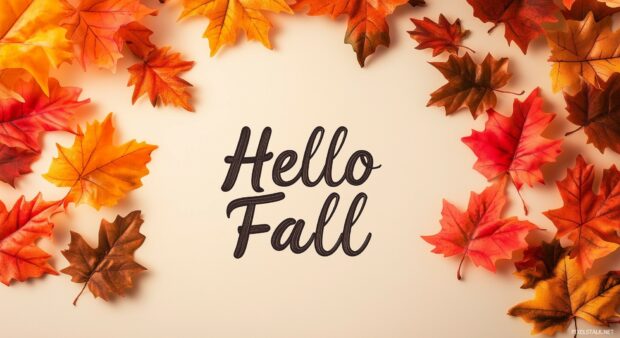 Autumn leaves forming a soft gradient on a light brown backdrop, with Hello Fall in large, modern font in the center.