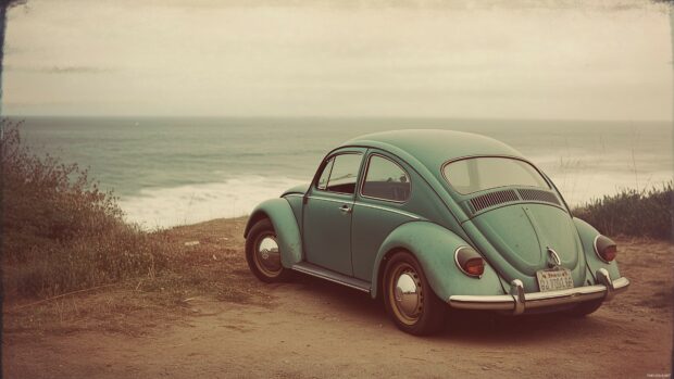 Car Live 4K Wallpaper with a vintage Volkswagen Beetle parked at a beach, photographed with a Polaroid filter and slightly worn edges.
