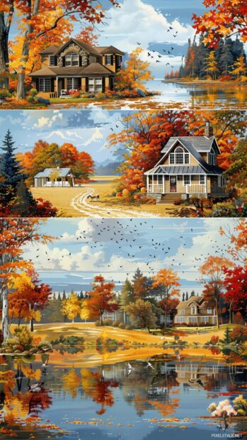 Collage of fall backgrounds featuring vibrant autumn leaves, misty forests, pumpkin fields, cottages, and serene lakes with reflections of fall colors.