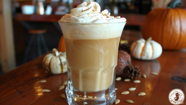 Cozy fall desktop wallpaper HD with a pumpkin spice latte on a table with fall decorations.