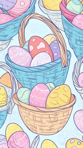 Cute Easter baskets filled with colorful eggs, soft vector outlines and pastel tones.