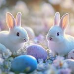 Cute Easter bunnies surrounded by pastel colored eggs and dainty spring flowers, soft light and gentle shadows
