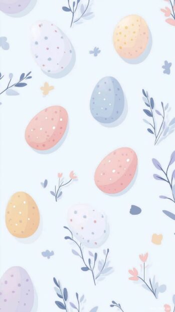 Cute Easter pattern with small geometric shapes of pastel colored eggs and abstract floral elements arranged in a vertical tile design.