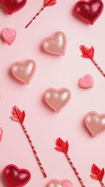Cute Valentine iPhone Wallpaper with Light pink hearts and red arrows arranged in a diagonal pattern, giving a playful Valentines feel.
