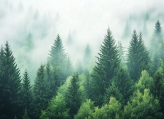 Dense Forest Wallpaper HD with towering evergreens and soft light filtering through the fog.