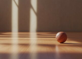 Desktop Wallpaper 1920x1080 with a basketball resting on a polished hardwood court.