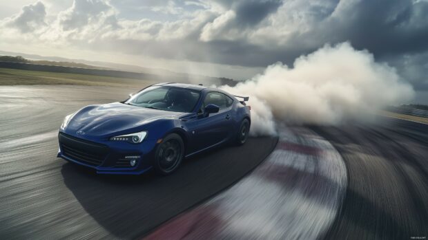 Draft car 4K wallpaper with a Subaru BRZ executing a smooth drift through a series of tight turns on a racetrack, with smoke billowing from the tires.