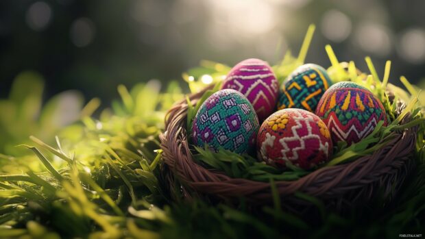 Easter egg baskets HD Wallpaper with vibrant colors and intricate patterns, nestled in green grass, soft sunlight filtering through.