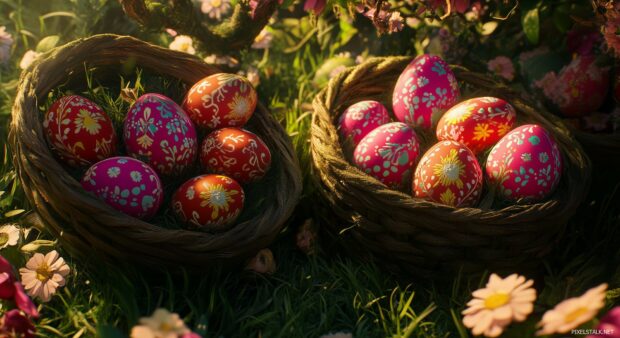 Easter egg baskets with vibrant colors and intricate patterns, nestled in green grass, soft sunlight filtering through.