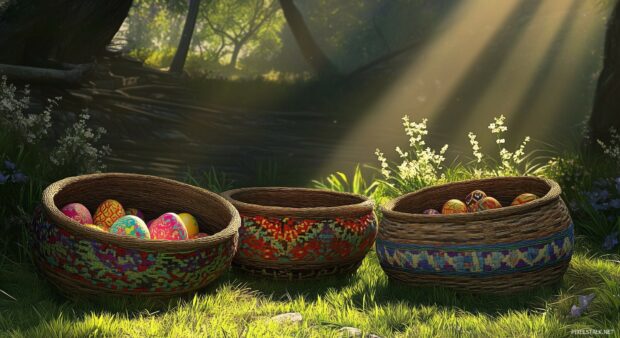Easter egg baskets with vibrant colors and intricate patterns, nestled in green grass, soft sunlight filtering through.