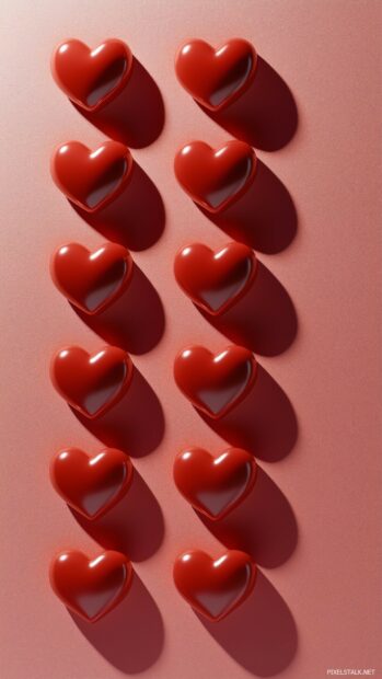 Elegant Valentine iPhone Wallpaper with simple red hearts in alternating rows with a subtle shadow effect over a soft pink background.