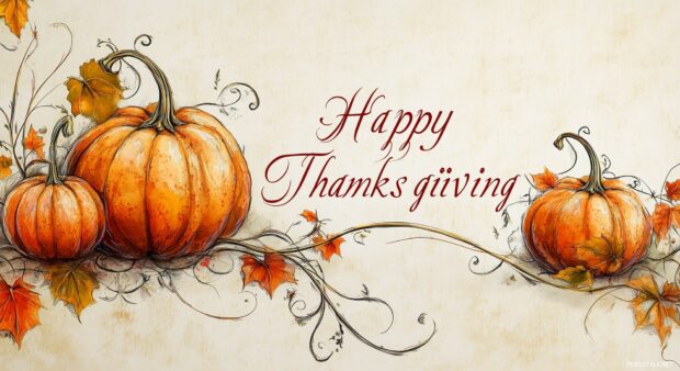 Elegantly scripted Happy Thanksgiving in a rich, contrasting color, adorned with delicate illustrations of pumpkins and fall foliage.