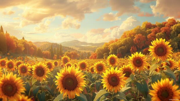 Fall laptop wallpaper with a field of sunflowers with a backdrop of fall foliage.