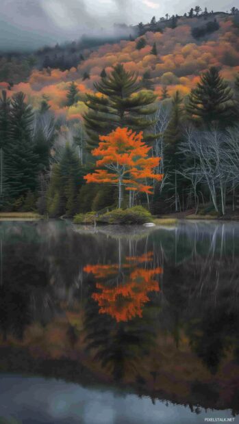 Fall phone wallpaper with A tranquil lake reflecting colorful fall foliage.
