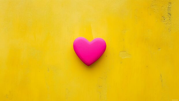 Flat heart symbol in bright pink on a simple yellow background.